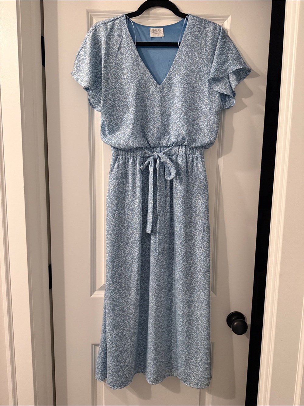 V-Neck Tie-Waist Midi Dress in Light Blue